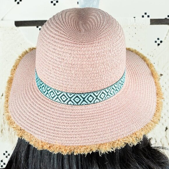 Womens Pink Straw Hat Wide Brim Frayed Edge Tribal Band Beach Sun Hat NWT - Picture 3 of 4